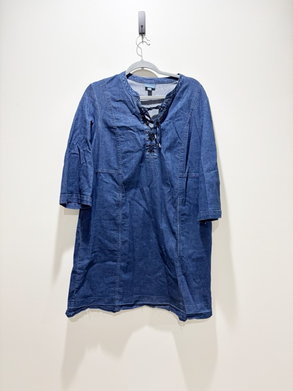 J. Jill Indigo Denim Lace-Up 3/4 Length Sleeve Tunic Dress Shift Size LP